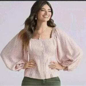 Cabi Burgundy striped square neckline Button Down Wide Sleeve Top Medium puff